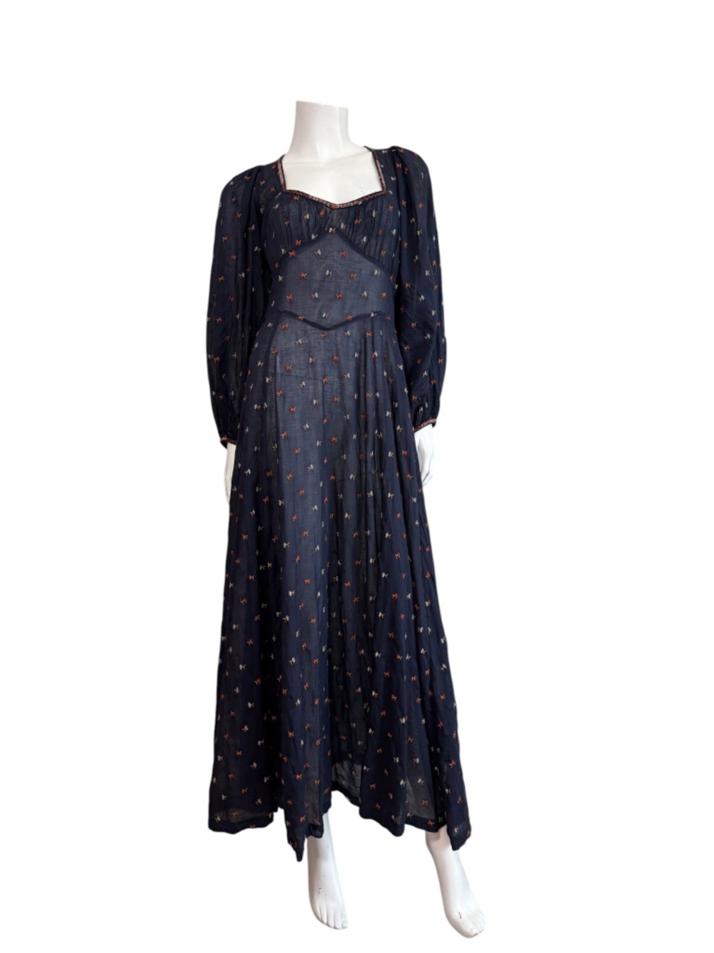 DOEN Carolina Embroidered Cotton Maxi Dress in Navy Size M